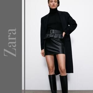 NEW Zara Faux Leather Black Peplum Skirt with Square Crystal Belt